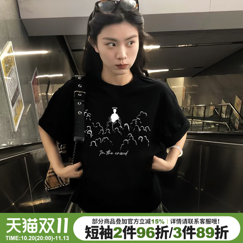 设计感街头风ins潮牌黑色短袖t恤女2026夏季新款宽松显瘦正肩上衣