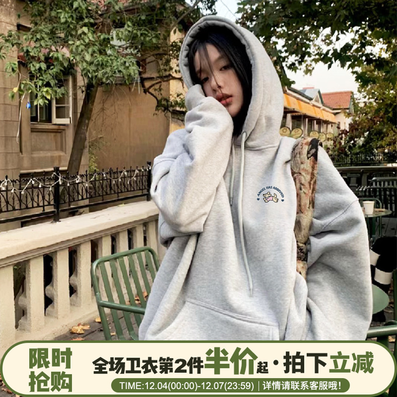 简约风百搭宽松休闲灰色帽衫上衣