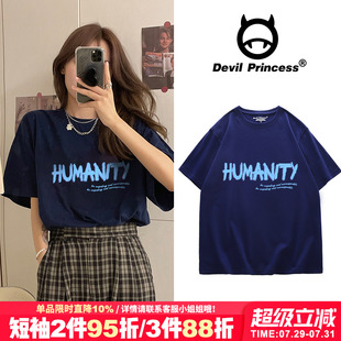 Vintage美式 纯棉甜美遮屁股上衣 复古藏蓝色短袖 T恤潮ins小众夏季