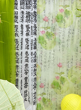 新中式荷花书法纱竹林纱幔户外庭院布置草绿美人纱国风背景装饰布
