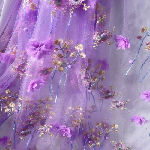 紫色立体毛球雪纺花朵diy网纱布料蕾丝礼服婚礼绣花透视服装面料