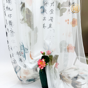 国风猫鱼荷花水墨画纱幔 半透明布国风场景搭建背景茶室装饰纱幔