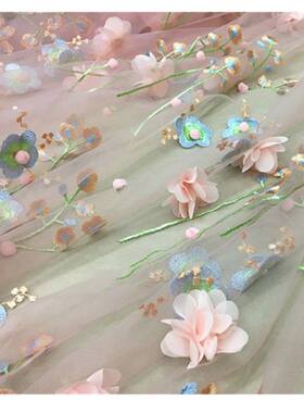 新品柔软网纱3D立体刺绣蕾丝面料珠子瓣订花服装女裙子绣花布料