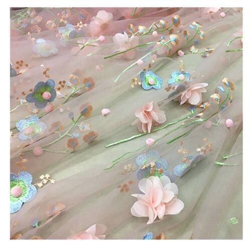 新品柔软网纱3D立体刺绣蕾丝面料珠子瓣订花服装女裙子绣花布料