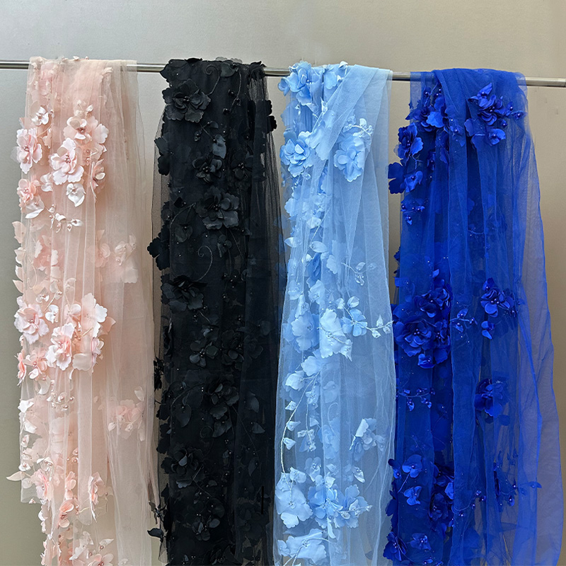 3D立体重工手工贴花网纱蕾丝面料婚纱礼服连衣裙长裙DIY花边布料