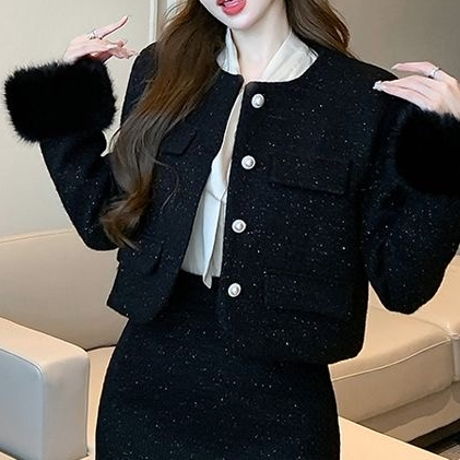 2026新款充绒里衬大码小香风套装女秋冬气质外套流苏半身裙两件套