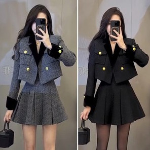 胖MM秋季小香风套装女秋冬气质设计高级感外套+百褶裙两件套