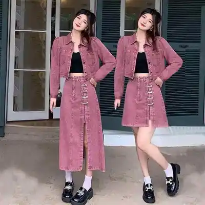 2025秋季新款浪漫粉紫色复古时尚牛仔外套+高腰半身裙减龄套装女