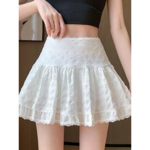 白色芭蕾风格芭蕾舞裙的夏季新褶边裙高腰显瘦看a字蕾丝0317e