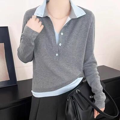 秋冬大码女装假两件撞色针织打底衫女2025新款宽松遮肚1207z