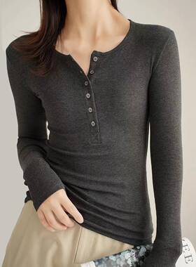 2026春季新款纽扣亨利领长袖打底衫女大码胖mm内搭打底T恤0111r