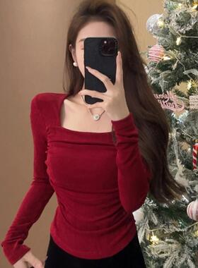 2026春季新款方领褶皱修身百搭上衣女韩版气质甜辣风性感内0111r