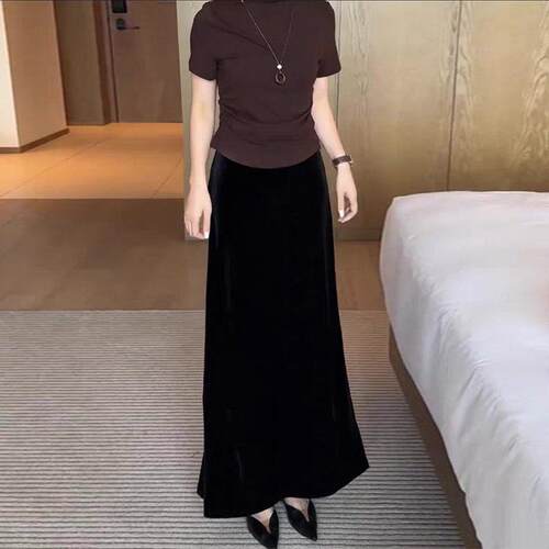 1014r黑色丝绒身裙女秋秋新款高腰显瘦时尚百搭简约开叉a字长裙