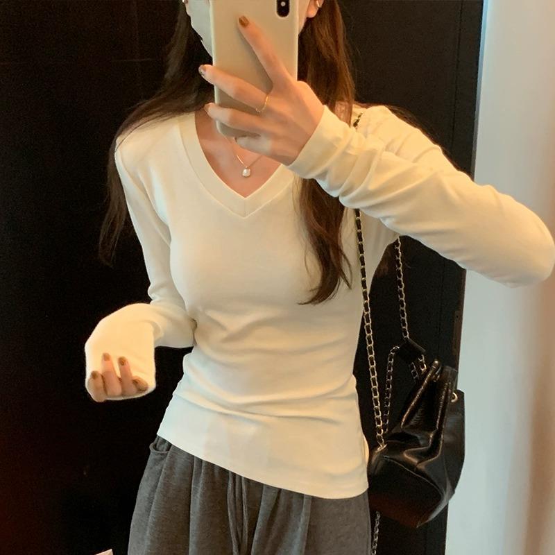 秋冬弹修身小心机V领内搭打底衫女百搭显瘦T恤正肩长袖白色1211z