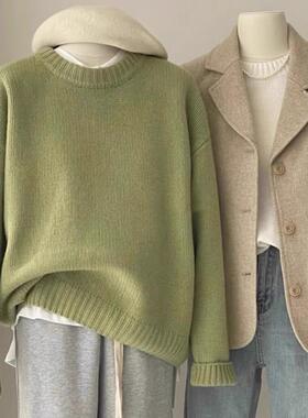 春季奶ff慵懒风绿色圆领毛衣女松弛感宽松内搭打底针织衫上0102z