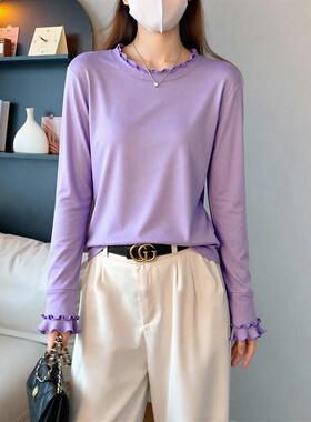 春女打底衫感紫色木耳边长袖T恤2026季大码胖显瘦内搭上衣0110k