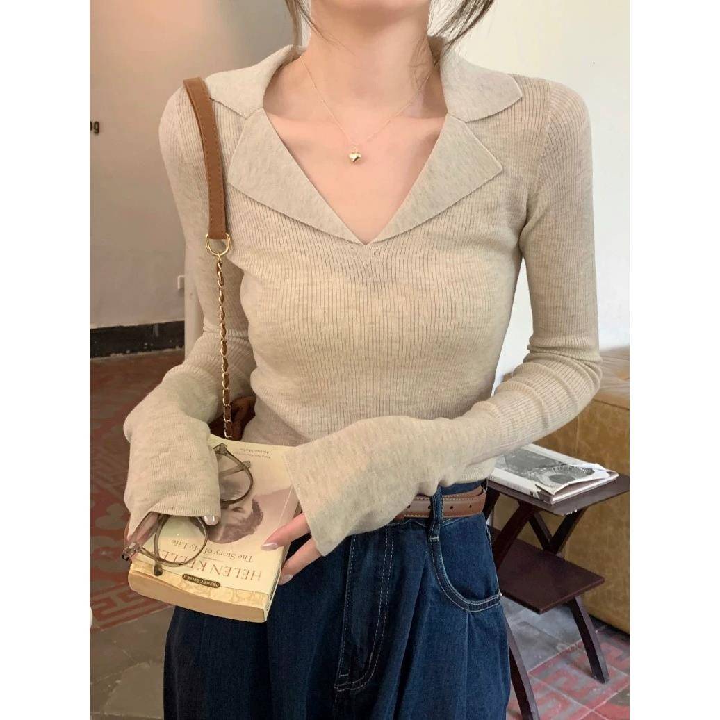 秋冬POLO领针织打底衫女内搭新款修身长袖T恤显瘦螺纹百搭V1101z