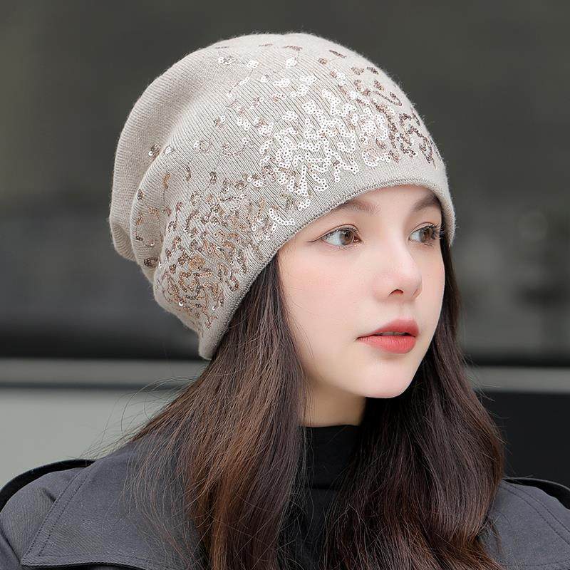 帽子冬女毛线帽保暖护耳针织帽女士秋冬季韩版洋气时尚亮片1214r