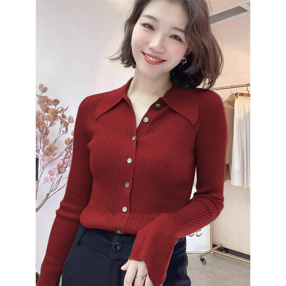 冬季2025年季新款翻领V领开衫长袖针织衫女绿色打底外套上衣1128r