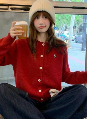 红色毛衣开衫外套女外穿新款春穿搭针织打底上衣1228w