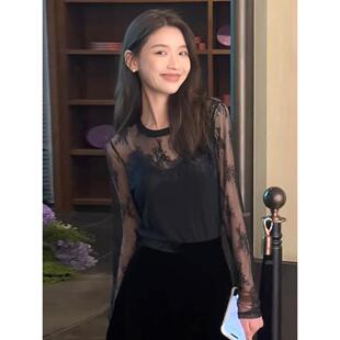 薄网眼长袖 剪裁衬衫 上衣0320w 时尚 黑蕾丝女显瘦春季