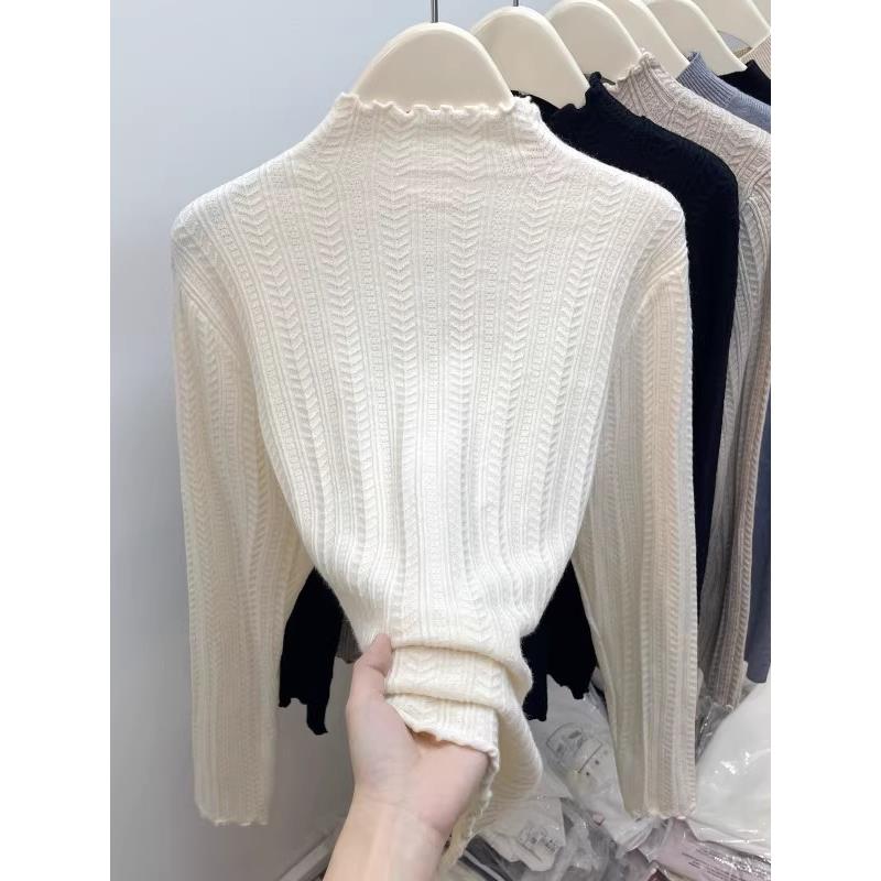 秋冬大码女装保暖半高领木耳边针织上衣女新款宽松显瘦套头1207z