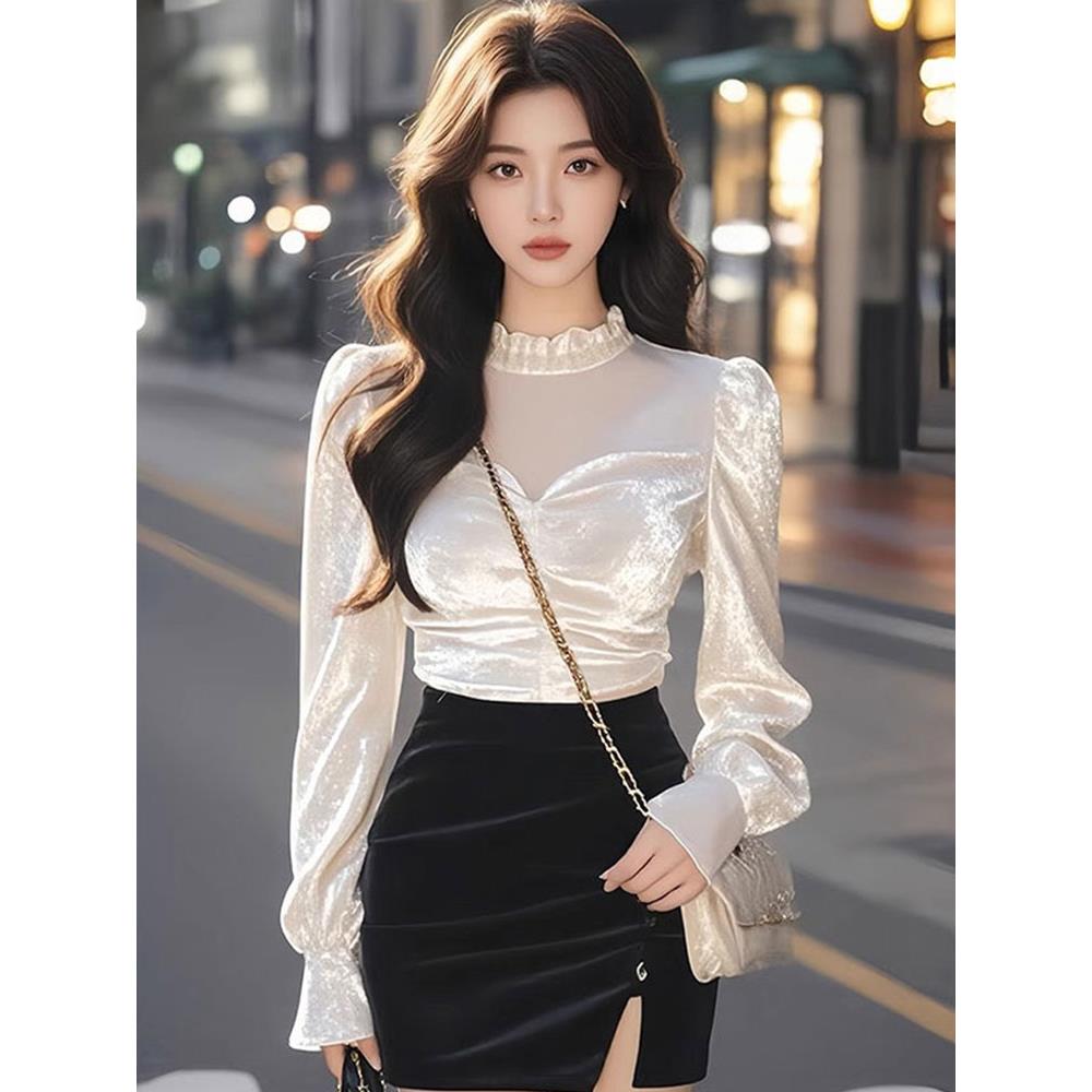 半高领金丝绒打底衫女内搭可外穿冬法式掐腰泡泡袖网纱上衣1208w