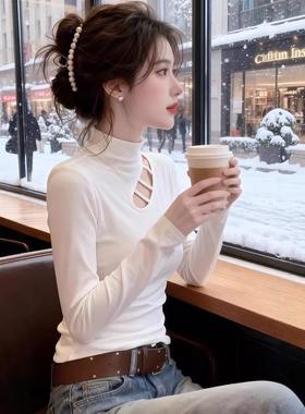 春女打底衫大码韩版感镂空长袖T恤加修身显瘦半高领上衣0110k