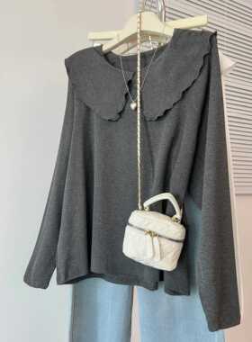 灰色娃娃领正肩长袖T恤女2026早春新款大尺码胖mm宽松遮肚0203r1
