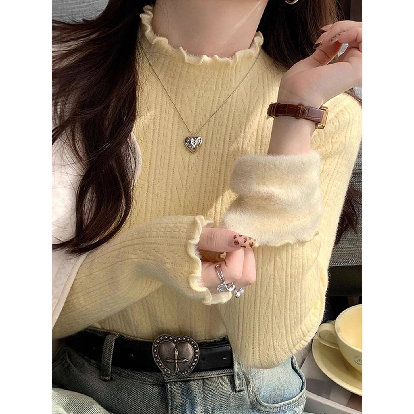 秋冬温柔软糯加加厚一体木耳边半高领毛衣季针织打底衫1210k