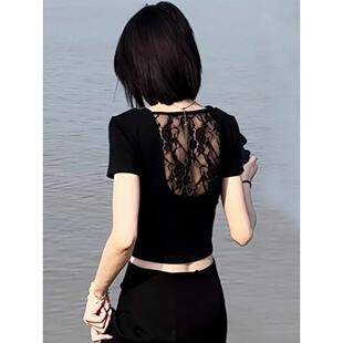 顶部0224w t恤2026新春夏级好看和美丽 精心蕾丝剪裁女式 露背短袖