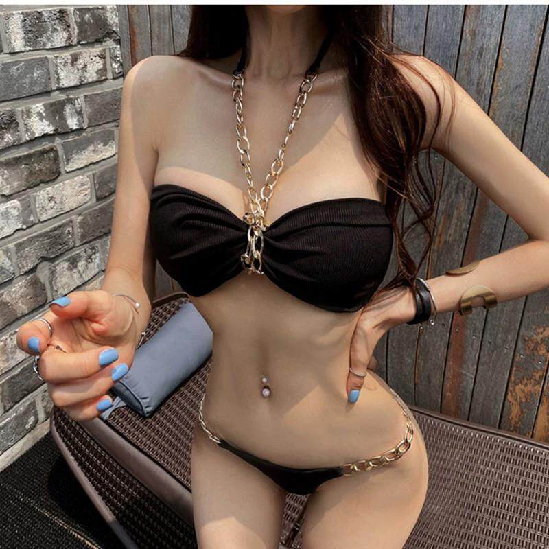 黑色性感抹胸比基尼铁炼挂颈泳衣女小胸聚拢三点式两件式泳0519e