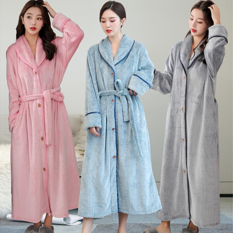 秋冬纽扣睡衣女冬法兰绒加厚扣子睡袍长款睡裙男连体外穿加1009c