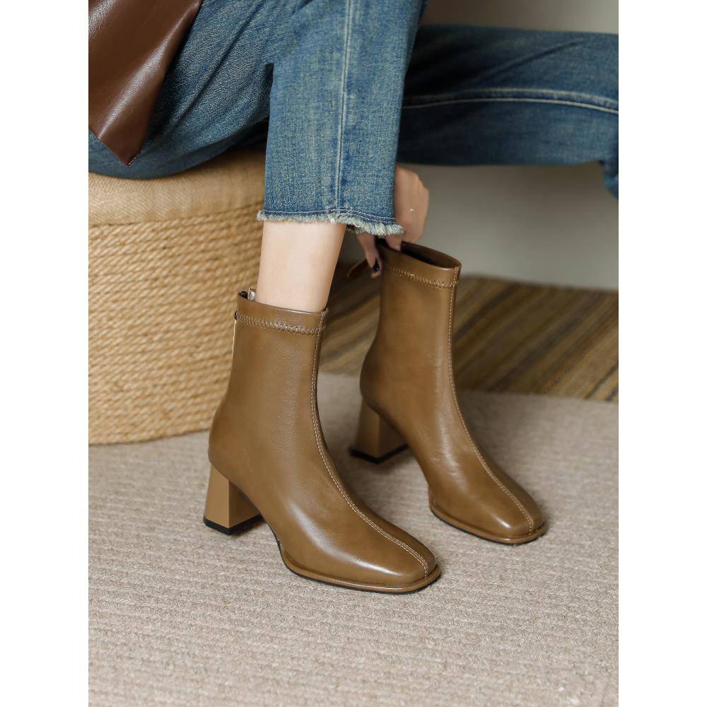 秋冬浅棕色英式女式粗跟方头短靴高跟7厘米单筒靴衬里修身裙1117z