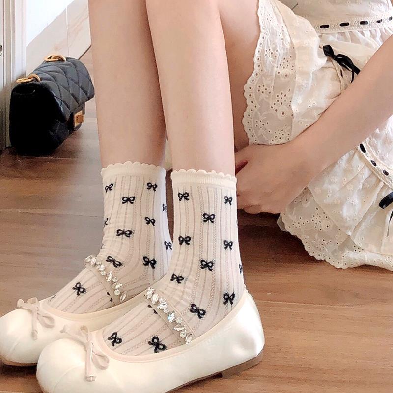 秋冬米白色短袜子女灰色中筒袜蝴蝶结木耳边堆堆袜1016z