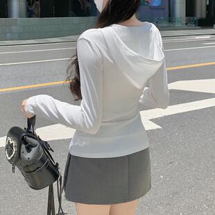 春季港式覆古V领连帽长袖T恤女白色薄款防晒开衫外套辣妹0205z