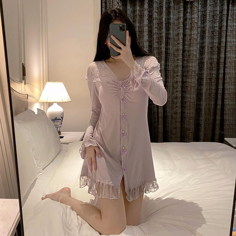 睡衣女款新款春夏睡裙带胸垫长袖短款家居服0629e图片