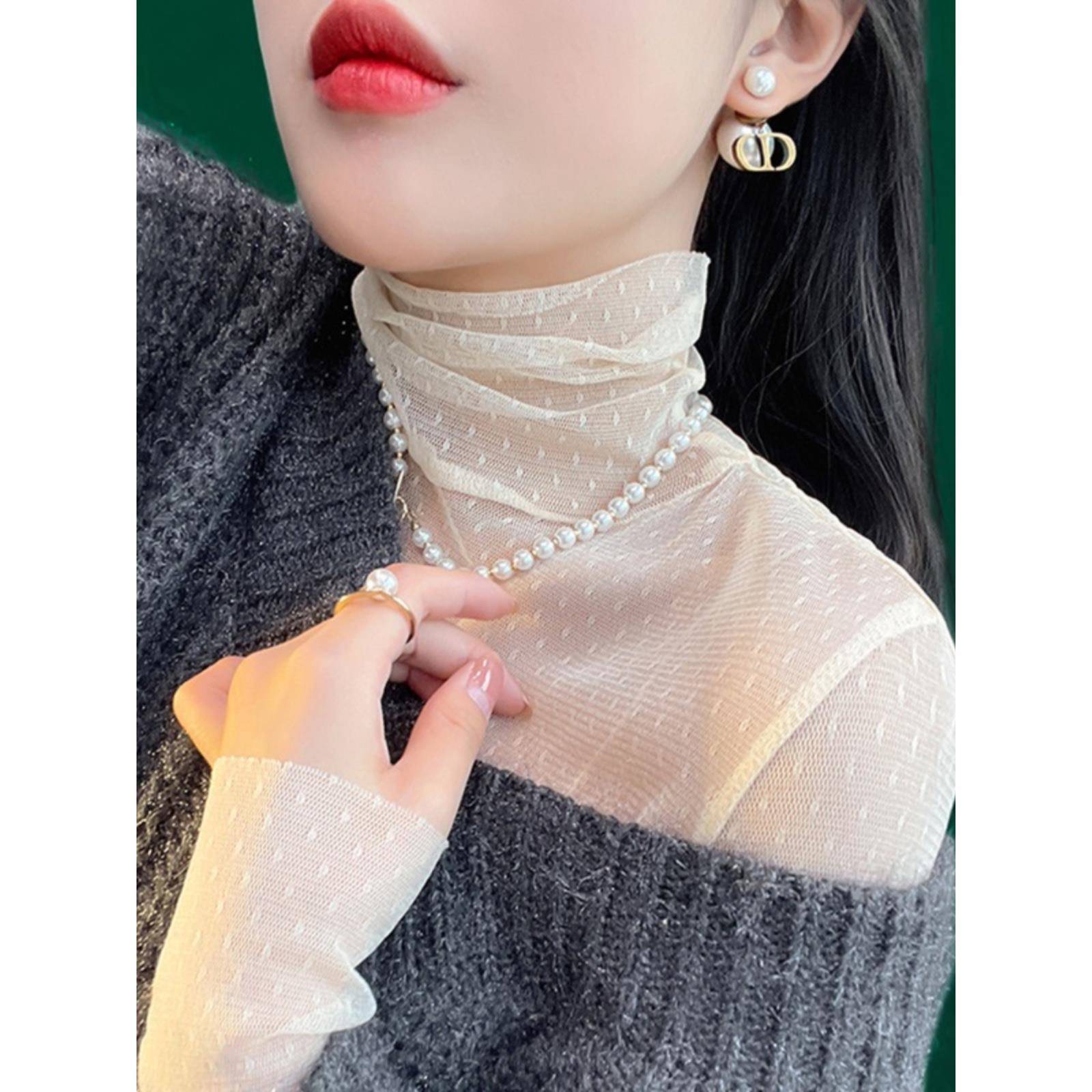 加绒蕾丝打底衫女毛衣内搭洋气小衫冬叠穿纱衣高领网纱上衣1130w