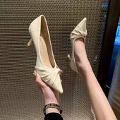 女皮鞋 法式 气质白色高跟鞋 春季 感细跟黑色尖头单鞋 0201k