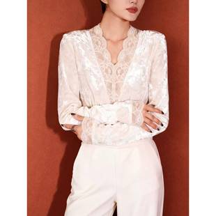 高级感法式气质金丝绒衬衫女冬季内搭打底独蕾丝v领上衣1208w