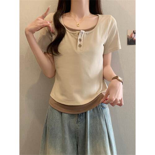 右肩假两件套短袖t恤适合夏季肥胖女孩的加码女装对比色0210r