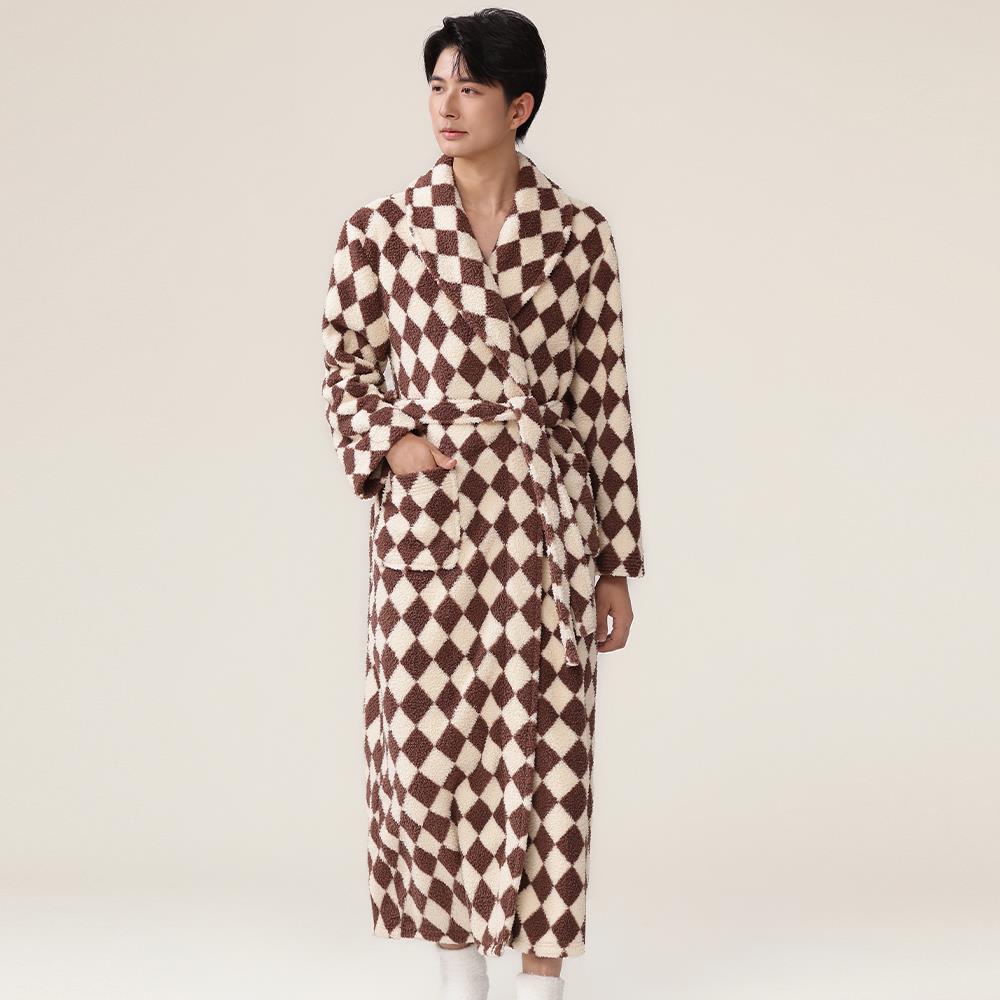 秋冬睡袍男秋冬季加厚加长珊瑚绒睡衣加绒法兰绒浴袍格子舒1009c