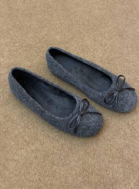 春秋平底毛毛鞋女2026新款灰色毛绒单鞋蝴蝶结加绒豆豆鞋保0206zd