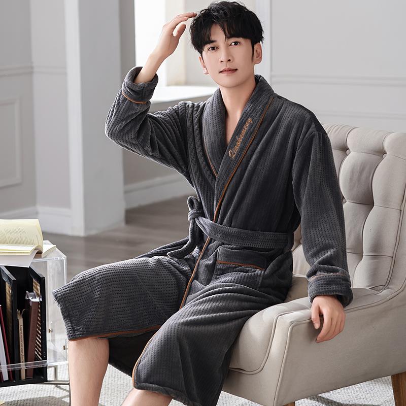 秋冬珊瑚绒睡袍男款秋冬季加绒加厚中长款冬天保暖休闲男士1009c