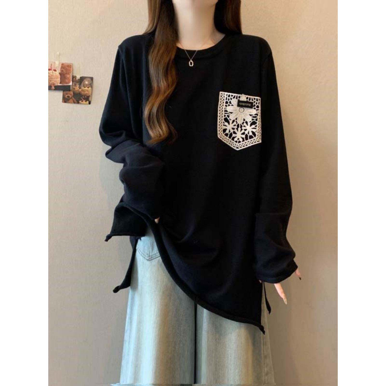 大码女装韩版蕾丝拼接圆领长袖打底T恤衫春秋季胖宽松百搭上0208e