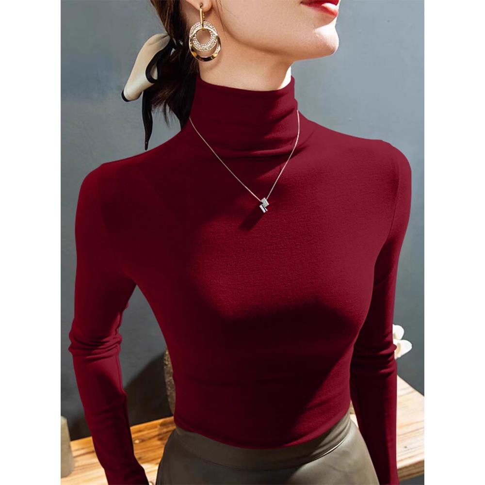 酒红色双面高领打底衫女冬新款洋气内搭加绒加厚保暖上衣1108w