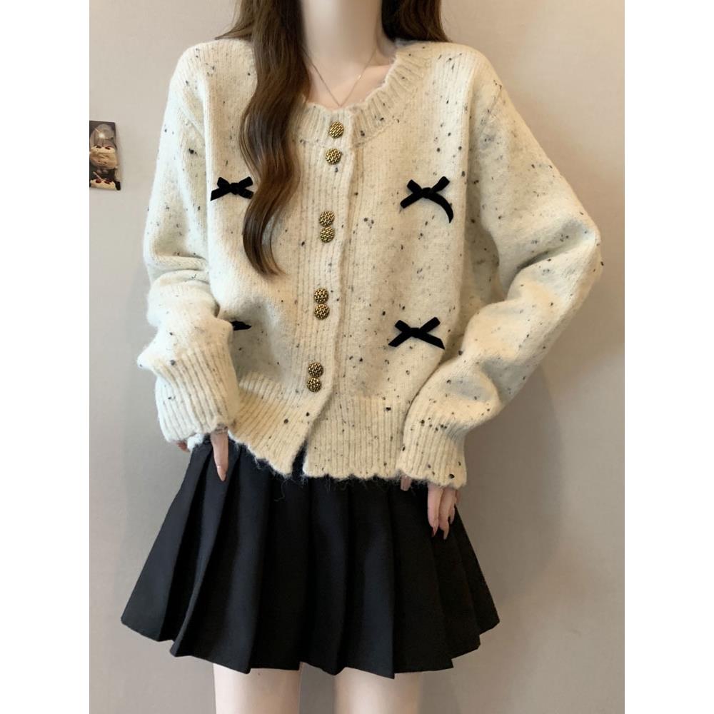 彩点蝴蝶结开衫外套女秋大码微胖mm外搭毛衣显瘦针织上衣1104r