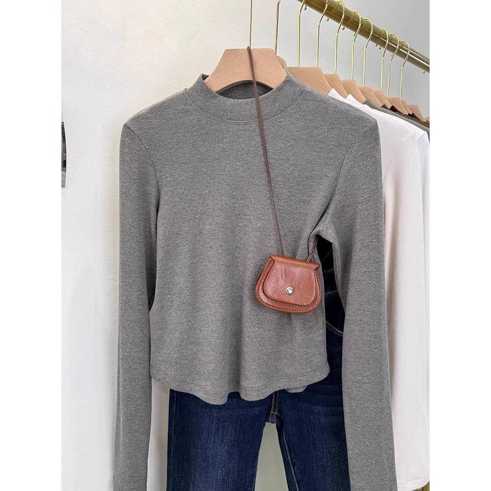 灰色半高领打底衫女秋冬加绒保暖小立领长袖T恤配大衣的内搭1120r