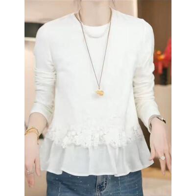 春季女打底t恤大码感蕾丝拼接上衣2026新款胖显瘦洋气百搭长0207k