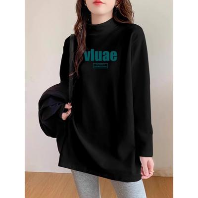 搭配鲨鱼裤的上衣半高领中长款打底衫女秋冬加绒加厚长袖t恤1216w